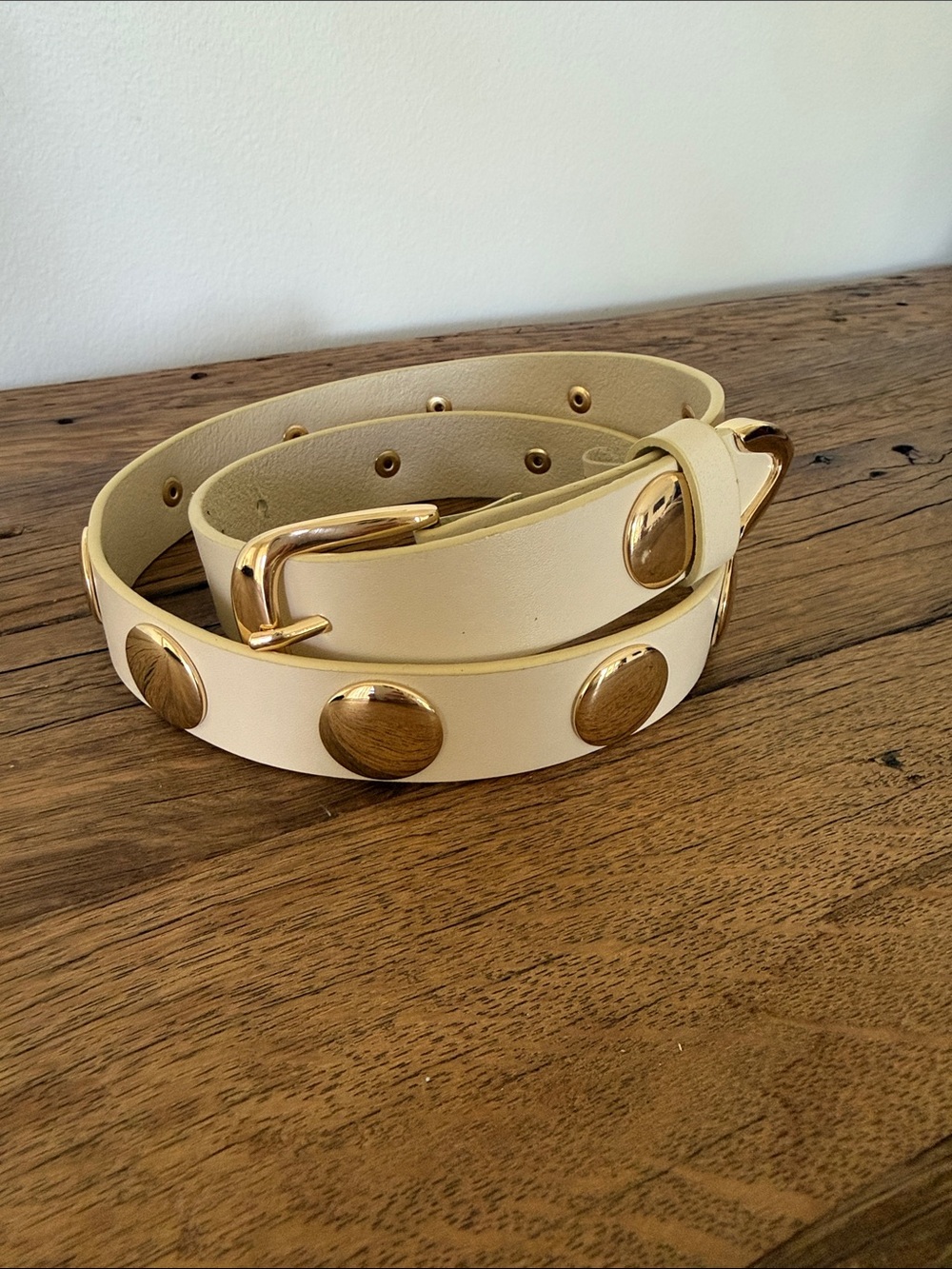 Cream Stud Detail Leather Belt with Gold Accents